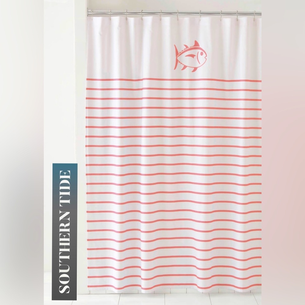 Southern Tide Breton Shower Curtain 72x72 ✨ White + Geranium | stripes cotton